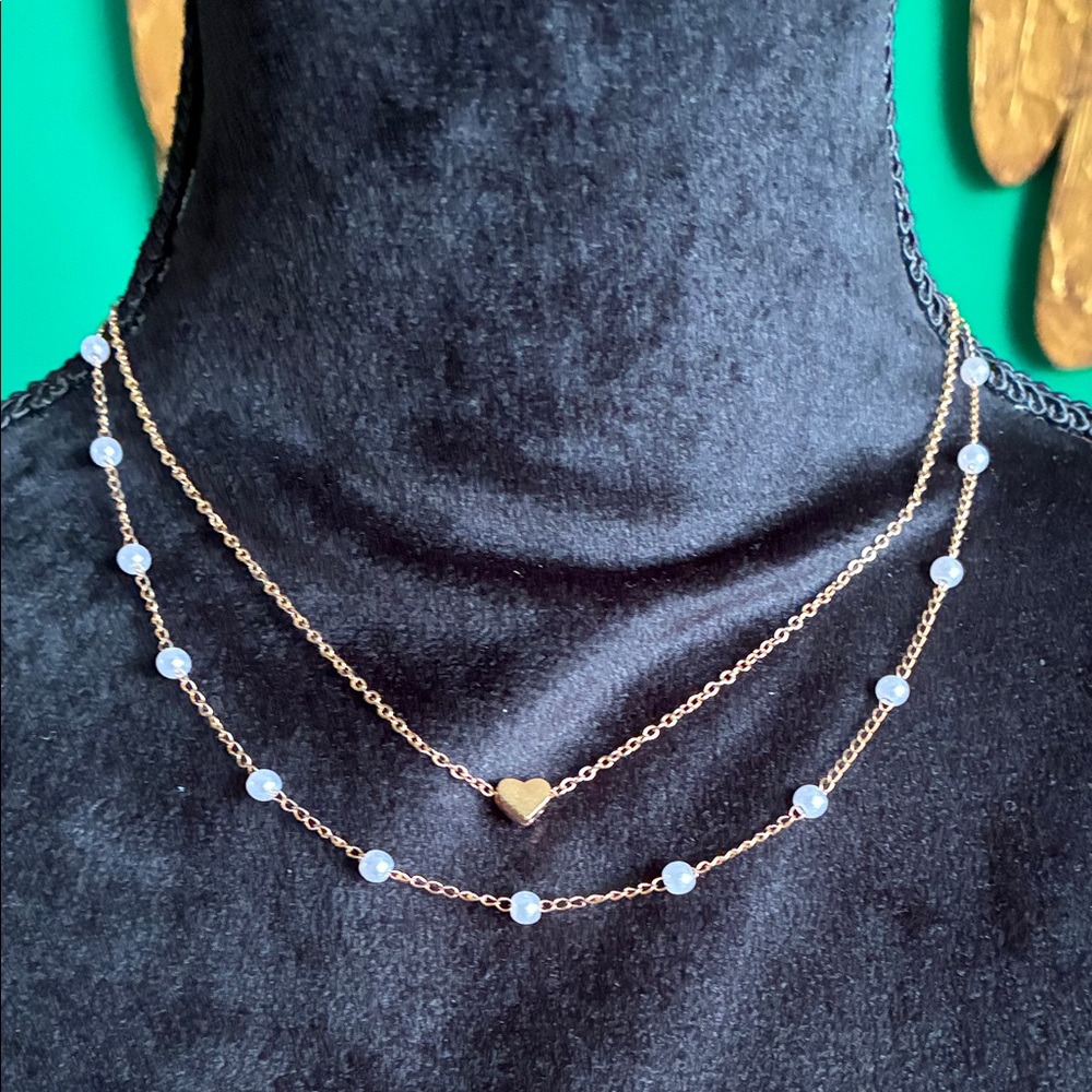 NEW Delicate double necklace with heart and faux pearls in goldtone gift present